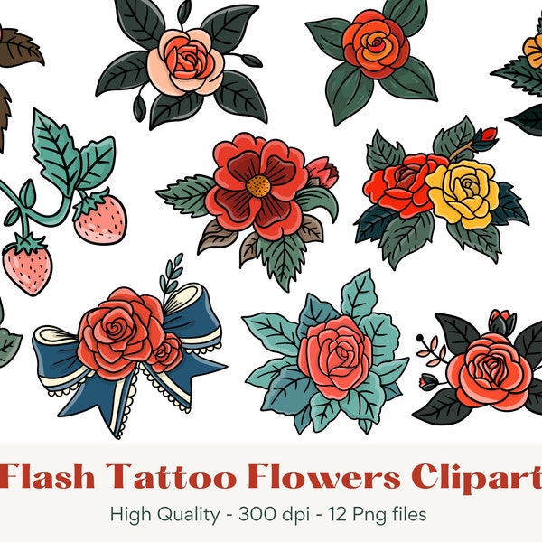 Retro Flower Clipart, Flash Tattoo Clipart, Tattoo Flower Clipart, Tattoo Png, Flower Tattoo Clipart, Floral Tattoo Designs, Tattoo Clip Art