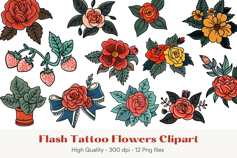 May include: A set of 12 digital illustrations of flowers in various styles, including roses, carnations, and a strawberry plant. The flowers are drawn in a vintage tattoo style with bold outlines and bright colors.