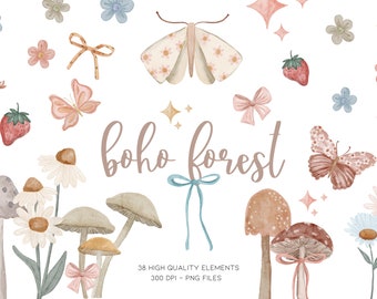 Cottagecore Clipart, Butterfly Clipart, Mushroom Clipart, Bow Clipart, Boho Forest Clipart, Wildflower Clipart, Watercolor Spring Clip Art