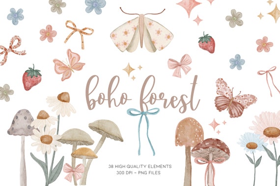 Cottagecore Clipart, Butterfly Clipart, Mushroom Clipart, Bow Clipart, Boho Forest Clipart, Wildflower Clipart, Watercolor Spring Clip Art