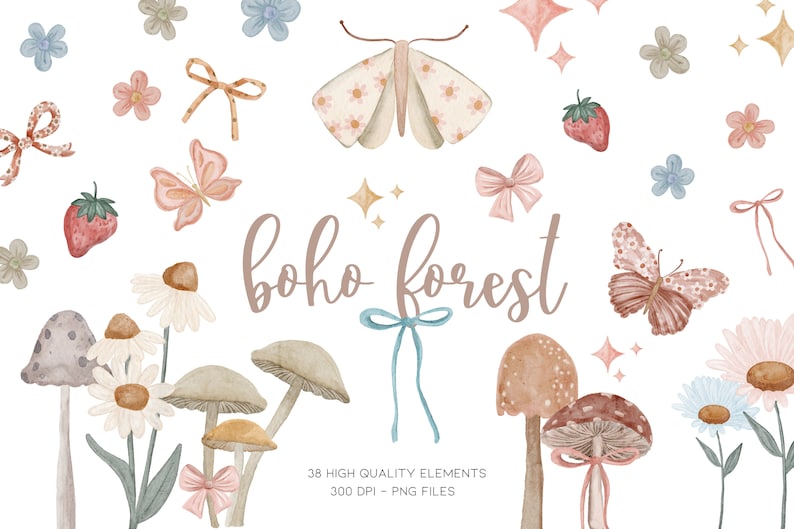 May include: A digital illustration set featuring 38 high-quality elements with a boho forest theme. The set includes mushrooms, butterflies, flowers, bows, and stars in soft pastel colors. The text "boho forest" is written in a whimsical font.