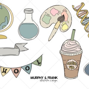 Op de afbeelding: Een set kleurrijke schoolthema-illustraties, waaronder een aardbol, een bekerglas, een palet met een kwast, een DNA-streng, een koffiebeker met de tekst "Teacher Fuel" en een banner met de tekst "SCHOOL".