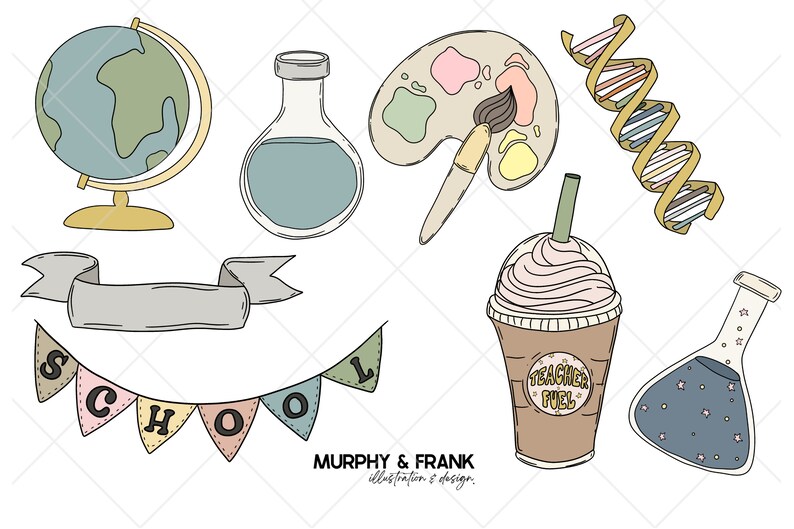 Op de afbeelding: Een set kleurrijke schoolthema-illustraties, waaronder een aardbol, een bekerglas, een palet met een kwast, een DNA-streng, een koffiebeker met de tekst "Teacher Fuel" en een banner met de tekst "SCHOOL".