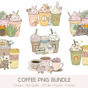 May include: A collection of illustrated coffee-themed designs. The images include various coffee cups and glasses with whipped cream, straws, and decorative elements like sunglasses, flowers, and a tiger. The text "COFFEE PNG BUNDLE" is also present.