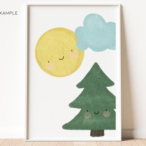 Puede incluir: Una impresi&oacute;n enmarcada en blanco con un sol amarillo, una nube azul y un &aacute;rbol verde con una cara sonriente. El sol y el &aacute;rbol tienen ambos mejillas sonrojadas.