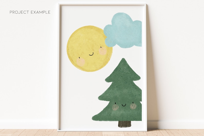 Puede incluir: Una impresi&oacute;n enmarcada en blanco con un sol amarillo, una nube azul y un &aacute;rbol verde con una cara sonriente. El sol y el &aacute;rbol tienen ambos mejillas sonrojadas.