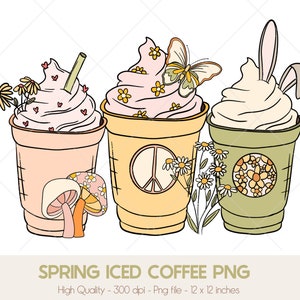May include: Three iced coffee drinks with whipped cream and various toppings. The first drink has a straw and pink flowers, the second has a butterfly and a peace sign, and the third has bunny ears and a floral design.