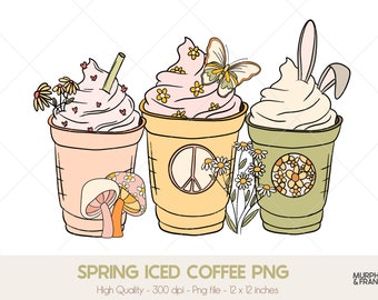 Lente png, ijskoffie png, latte png, lentesublimatieontwerpen, retro Pasen png, paassublimatie png, pastel groovy paaskoffie png