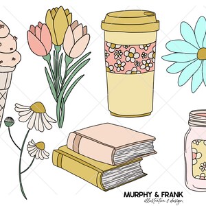 May include: A set of illustrations featuring a pink ice cream cone, a bouquet of yellow and pink tulips, a blue daisy, a yellow and pink coffee cup, a stack of two books, and a pink candle in a jar with a yellow and white floral design.
