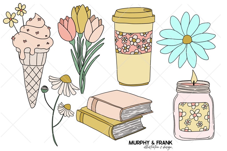 May include: A set of illustrations featuring a pink ice cream cone, a bouquet of yellow and pink tulips, a blue daisy, a yellow and pink coffee cup, a stack of two books, and a pink candle in a jar with a yellow and white floral design.