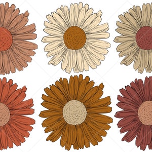 Pu&ograve; includere: Sei illustrazioni di margherite in varie tonalit&agrave; di marrone, arancione e rosso. Le margherite sono disegnate in modo semplice e stilizzato.