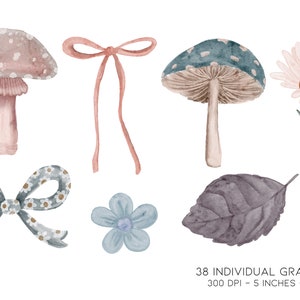 May include: A set of watercolor illustrations featuring mushrooms, flowers, leaves, and bows. The mushrooms are in shades of pink, blue, and brown with white spots. The flowers are pink with white centers and green stems. The leaves are a dark gray color. The bows are in shades of pink and blue with white polka dots.