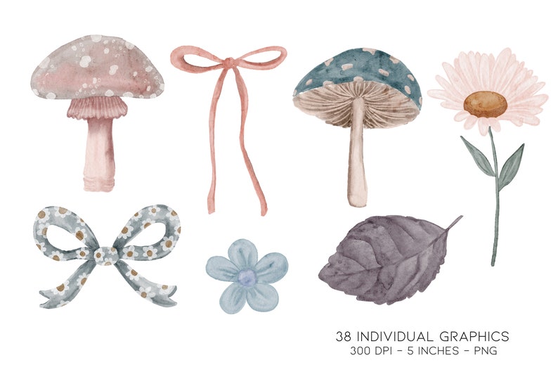 May include: A set of watercolor illustrations featuring mushrooms, flowers, leaves, and bows. The mushrooms are in shades of pink, blue, and brown with white spots. The flowers are pink with white centers and green stems. The leaves are a dark gray color. The bows are in shades of pink and blue with white polka dots.