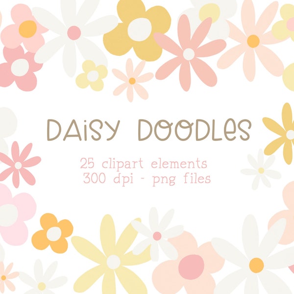Daisy Clipart, Floral Clipart, Boho Clipart, Retro Flower Clipart, Groovy Clipart, Pink Flowers, White Flower Clipart, Wildflower Clipart
