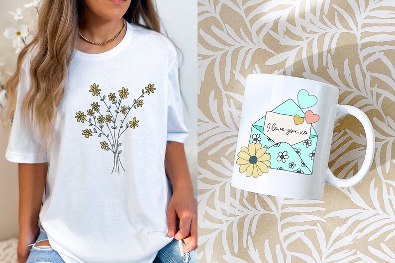 May include: A white t-shirt with a floral design and a white mug with a blue envelope and the text "I love you xo" on it.