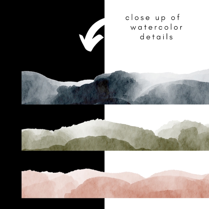 May include: Three watercolor mountain ranges in shades of blue, green, and pink. The image is split in half, with the left side showing the watercolor on a black background and the right side showing the watercolor on a white background. The text "close up of watercolor details" is written in black on the white background.