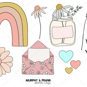 May include: A set of digital illustrations featuring a rainbow, flowers, a jar with flowers, a heart, an envelope, and a leafy branch. The illustrations are drawn in a simple, hand-drawn style with pastel colours.