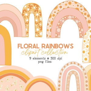 Clipart arc-en-ciel bohème, Boho arc-en-ciel Png, Clipart Boho, Png arc-en-ciel pastel, arc-en-ciel floral dessiné à la main, clipart enfants groovy, clipart bébé rétro