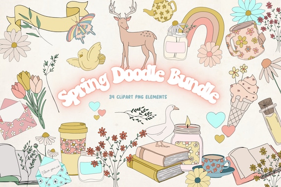 Spring Clipart, Wildflower Clipart, Boho Doodle Clipart, Butterfly Clipart, Spring Clip Art, Books Clipart, Tea Clipart, Boho Daisy Clipart