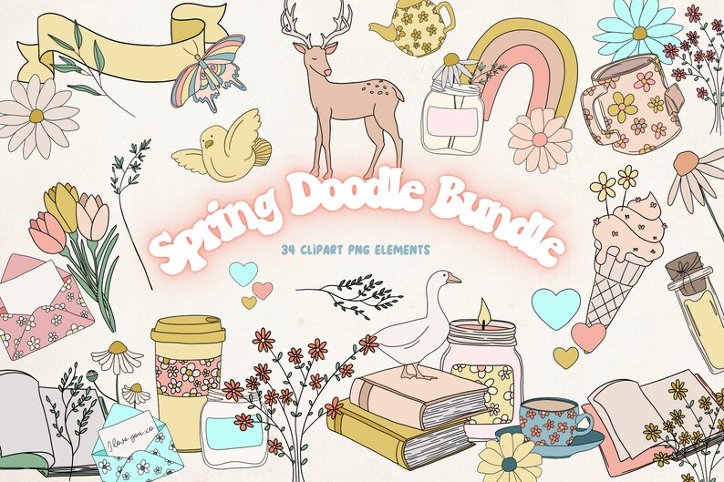 May include: A set of 34 spring-themed clipart illustrations, including a deer, a bird, a goose, a rainbow, flowers, a cup of coffee, a candle, a book, an ice cream cone, and a jar. The illustrations are in a cartoon style and are perfect for adding a touch of spring to your designs.