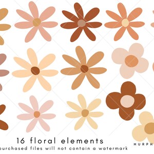 May include: Set of 16 digital illustrations of various floral designs in brown, peach, and cream colors. The flowers have a retro, 70s style.