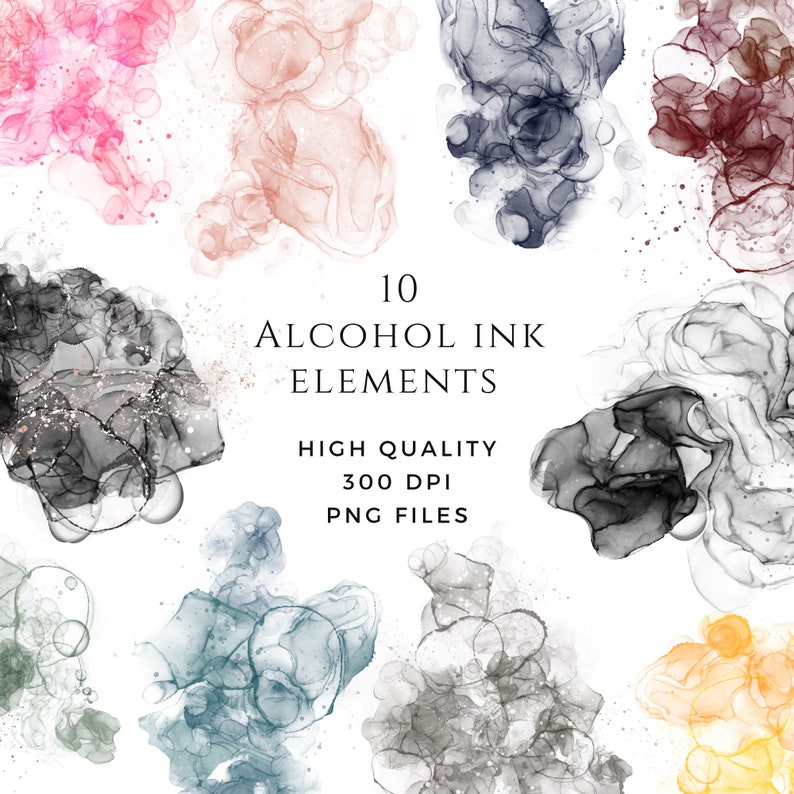Alcohol Ink Splashes in assorted colors, watercolor splash backgrounds.