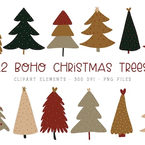 Clipart di albero di Natale, Clipart di Natale Boho, Clipart di Natale, Clipart invernale Boho, Clipart invernale neutro, Grafica natalizia moderna