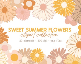 Pastel Retro Daisy Clipart, Boho Clipart Flowers, Flower Doodles, Groovy One Baby Shower Clipart, Kids Flower Clipart,Spring Floral Clipart