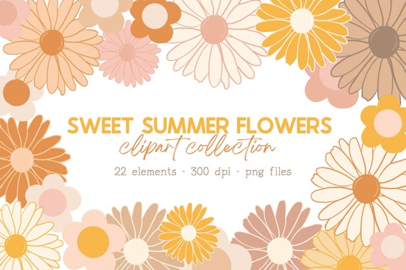 Pastel Retro Daisy Clipart, Boho Clipart Flowers, Flower Doodles, Groovy One Baby Shower Clipart, Kids Flower Clipart,Spring Floral Clipart