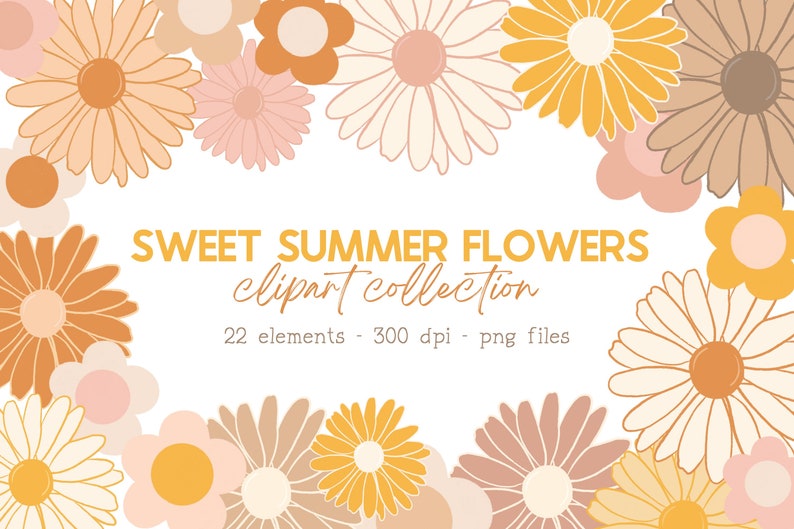 22 Pastel Retro Daisy Clipart Elements - Flower Clipart Bundle