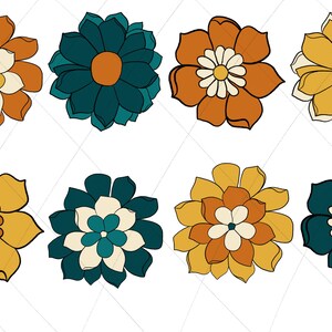 May include: Eight colourful flower illustrations in a retro style. The flowers are in shades of yellow, orange, teal, and white.