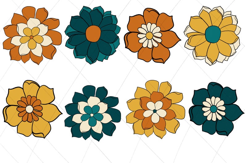 May include: Eight colourful flower illustrations in a retro style. The flowers are in shades of yellow, orange, teal, and white.