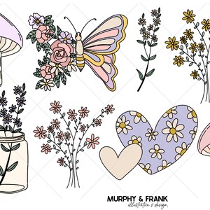 Może przedstawiać: Zestaw cyfrowych ilustracji przedstawiających r&oacute;żne elementy florystyczne i inspirowane naturą, w tym grzyby, motyle, kwiaty i słoik z kwiatami. Ilustracje są narysowane w fantazyjnym stylu z pastelowymi kolorami.