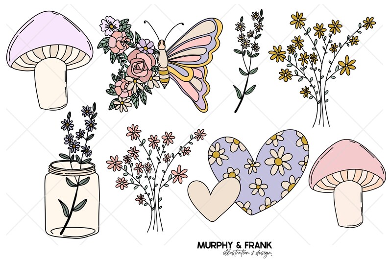 Może przedstawiać: Zestaw cyfrowych ilustracji przedstawiających r&oacute;żne elementy florystyczne i inspirowane naturą, w tym grzyby, motyle, kwiaty i słoik z kwiatami. Ilustracje są narysowane w fantazyjnym stylu z pastelowymi kolorami.