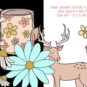 May include: A set of hand-drawn illustrations featuring a goose, a mug with a floral pattern, a deer, a daisy, and an ice cream cone with flowers. The illustrations are in a whimsical style with pastel colours.