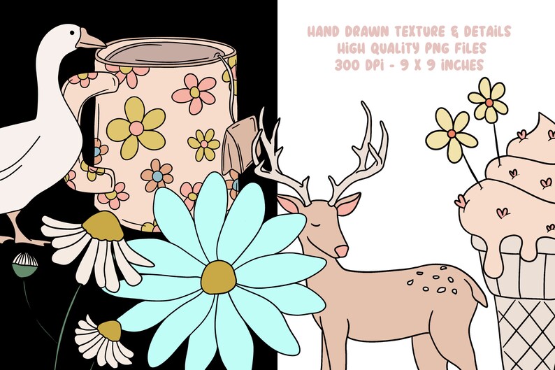 May include: A set of hand-drawn illustrations featuring a goose, a mug with a floral pattern, a deer, a daisy, and an ice cream cone with flowers. The illustrations are in a whimsical style with pastel colours.