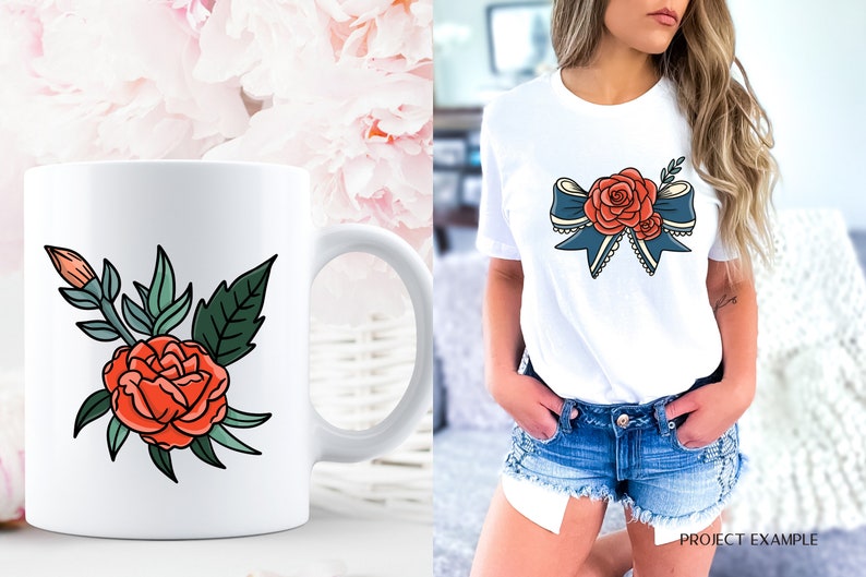 May include: A white ceramic mug with a red and green floral design. The design features a large red rose with green leaves and a smaller red rose bud.