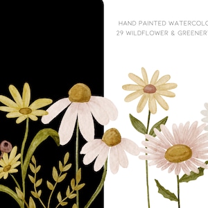 May include: Watercolor illustrations of wildflowers and greenery. The flowers are in shades of pink, white, and yellow. The greenery is in shades of green. The illustrations are hand-painted and have a textured look.