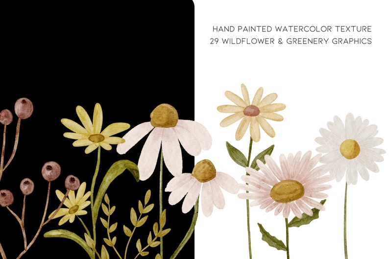 May include: Watercolor illustrations of wildflowers and greenery. The flowers are in shades of pink, white, and yellow. The greenery is in shades of green. The illustrations are hand-painted and have a textured look.