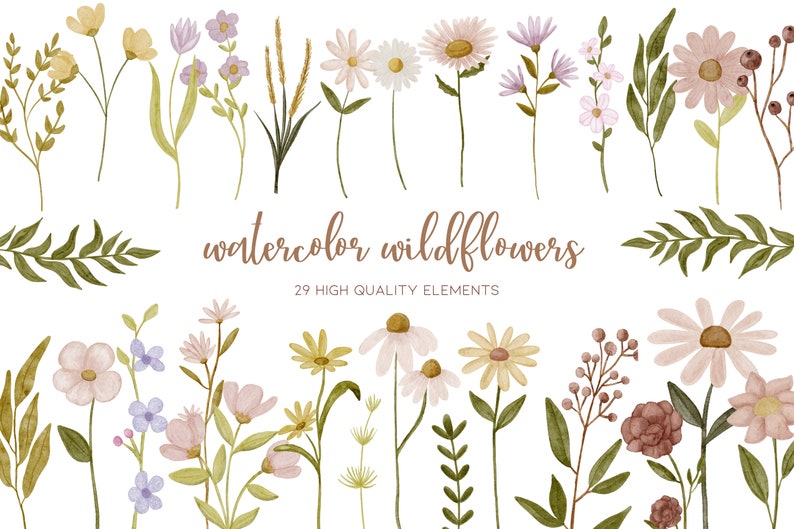 May include: Watercolor illustrations of 29 wildflowers in various shades of pink, purple, yellow, and green. The text "watercolor wildflowers" and "29 high quality elements" is included in the image.