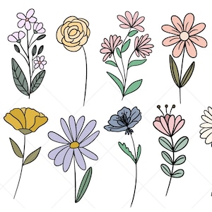 Pu&ograve; includere: Un set di 12 illustrazioni di fiori disegnate a mano in vari colori, tra cui blu, giallo, rosa e bianco. I fiori sono semplici e stilizzati, con un focus sui petali e sugli steli.