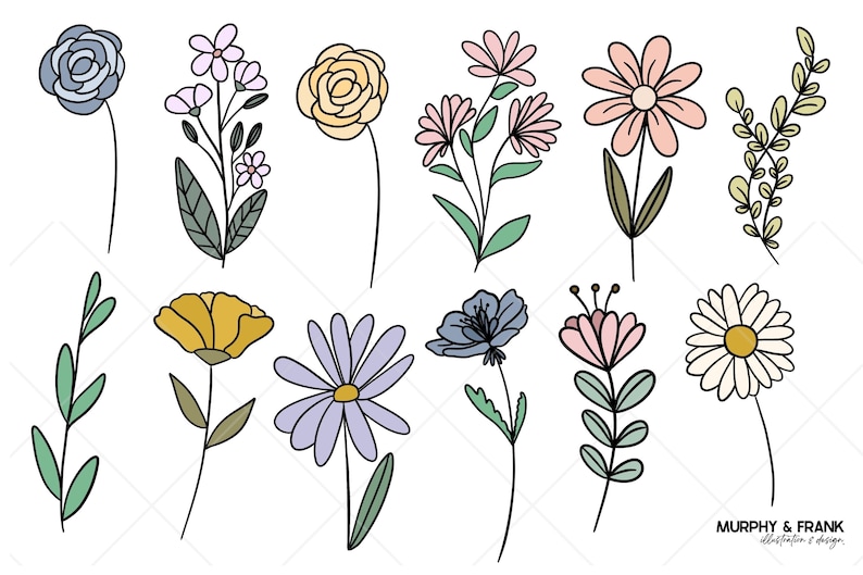 Pu&ograve; includere: Un set di 12 illustrazioni di fiori disegnate a mano in vari colori, tra cui blu, giallo, rosa e bianco. I fiori sono semplici e stilizzati, con un focus sui petali e sugli steli.