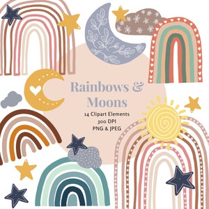Rainbow Clipart, Moon Clipart, Sun Clipart, Cloud Clipart, Star Clipart, Boho Rainbow Clip Art, Kids Graphics, Pastel Kids Clipart Bundle