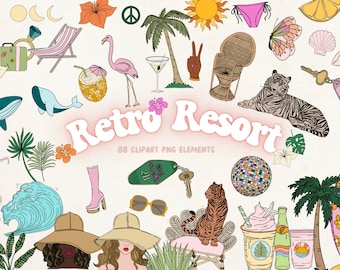 Groovy Clipart, Retro Clipart, Tropical Clipart, Summer Clipart, Groovy Clip Art, Resort Clipart, Beach Png,Vacation Clipart,Boho Summer Png