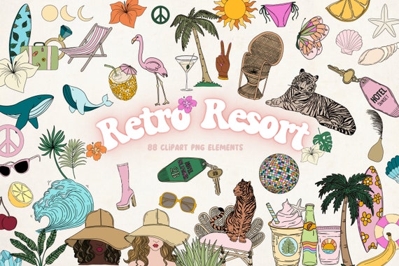 Groovy Clipart, Retro Clipart, Tropical Clipart, Summer Clipart, Groovy Clip Art, Resort Clipart, Beach Png,Vacation Clipart,Boho Summer Png
