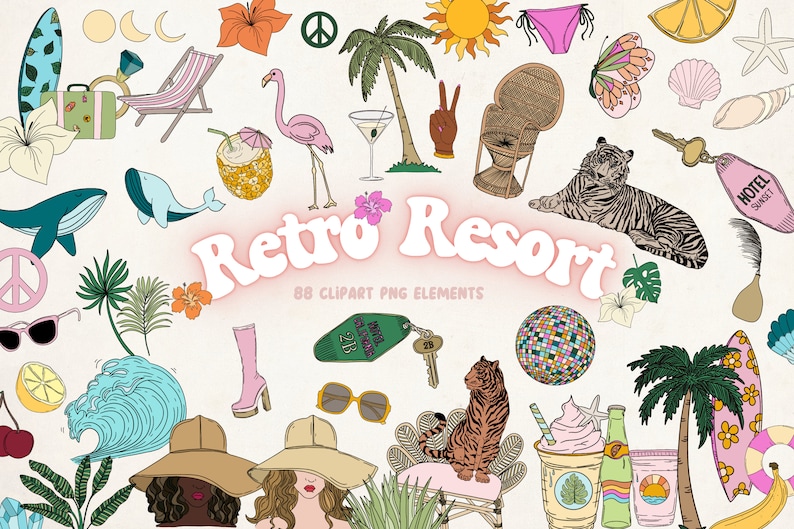 May include: A set of 88 retro resort clipart illustrations featuring a variety of colorful images, including a flamingo, palm trees, a disco ball, a tiger, a wave, a pineapple, a peace sign, a surfboard, a hotel key, and a beach chair. The text "Retro Resort" is featured in the center of the image.
