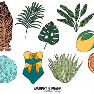 May include: A digital illustration of a tiger, a swimsuit, a wave, a lemon, an orange, a monstera leaf, a palm leaf, and a grass plant. The illustration is in a cartoon style and features bright colors.
