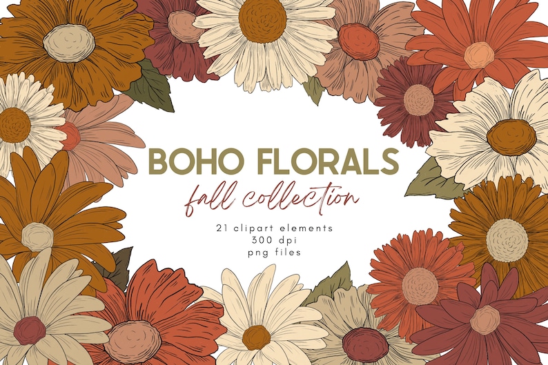 Pu&ograve; includere: Una collezione di 21 elementi di clipart floreale boho in colori autunnali. I fiori sono disegnati in stile vintage con colori marrone, arancione e crema. Il testo "BOHO FLORALS fall collection" &egrave; scritto al centro dell'immagine.