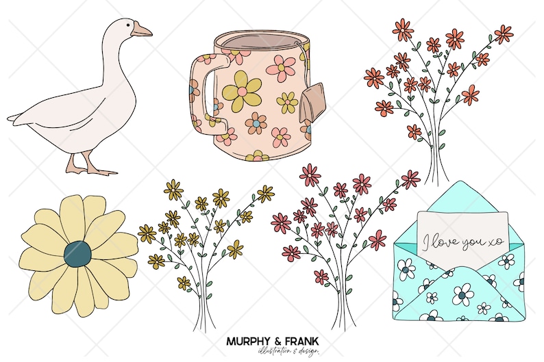 May include: A set of six hand-drawn illustrations featuring a goose, a mug with a floral pattern, a bouquet of red flowers, a bouquet of yellow flowers, a large yellow daisy, and a blue envelope with a floral pattern and a card that says "I love you xo".