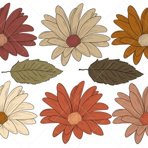 Pu&ograve; includere: Un set di otto illustrazioni a tema autunnale con sei fiori stilizzati in tonalit&agrave; di marrone, rosso e crema e due foglie in tonalit&agrave; di marrone e verde.